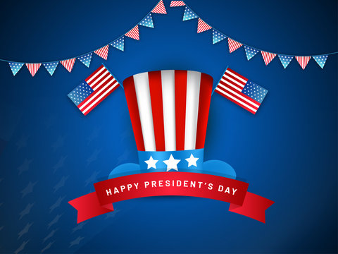 Uncle sam hat with USA national flags illustration on blue background for Happy President's Day template or poster design.
