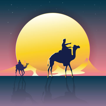 Vector illustration - Camels in the desert night, moon, with the Mountain Great Scenery. art.  nature. background