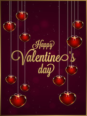 Stylish lettering of valentine's day on brown bokeh background decorated with hanging heart shapes. Can be used as greeting card design.