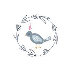 Vector hand drawn bird in love and floral frame