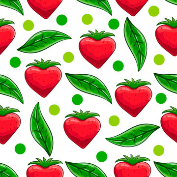 Seamless pattern with cartoon strawberry and leaves