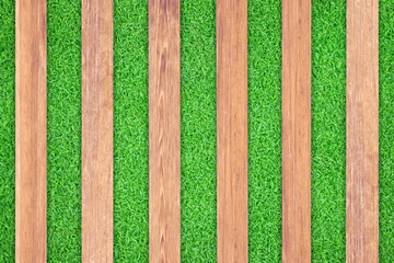 Wooden plate with grass ground background.