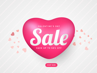 Glossy pink heart shape on white stripe background for Valentine's Day sale poster or banner design.