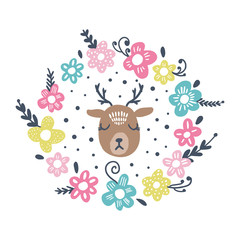 Vector cute deer girl face, scandinavian style