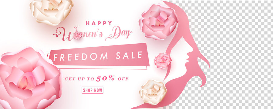 Women's Day Freedom Sale header or banner design, 50% discount offer with decorative flowers and space for your product image.