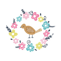 Vector hand drawn bird in love and floral frame