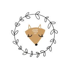 Cute baby fox art, floral frame template