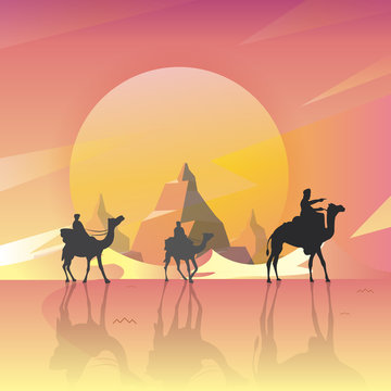 Vector illustration - Camels in the desert night, moon, with the Mountain Great Scenery. art.  nature. background
