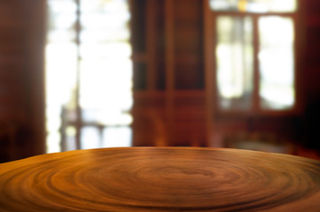 Fototapeta premium empty wood table with blur montage restaurant background