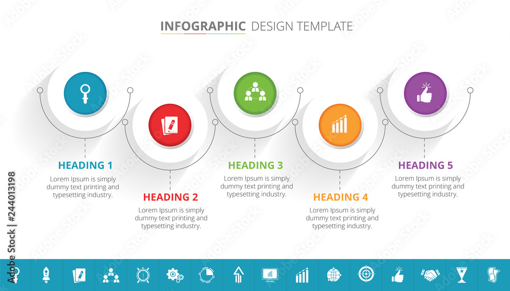 Wall mural 5 steps business process infographic template design with 16 extra icons - vector illustration