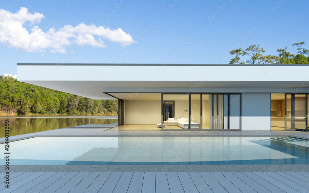 Poster Perspective of luxury modern house with swimming pool in day time on green lake background, Idea of minimal architecture design. 3D rendering 