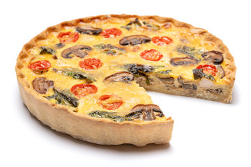 Traditional french Baked homemade quiche pie isolated