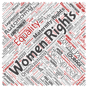 Vector conceptual women rights, equality, free-will square red word cloud isolated background. Collage of feminism, empowerment,  opportunities, awareness, courage, education, respect concept