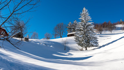 Fototapeta premium Brasov - Romania, Rucar - Bran snowy picturesque hills on a sunny cold December.