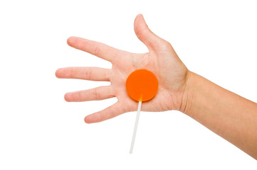 hand holding orange isolated on white background