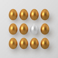 Decorative Easter concept. 3d metallic golden and white eggs on white background. Vector illustration.