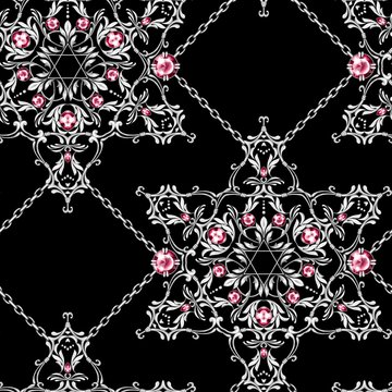Jewelry background. Seamless pattern with crossed silver chains and David star with gems