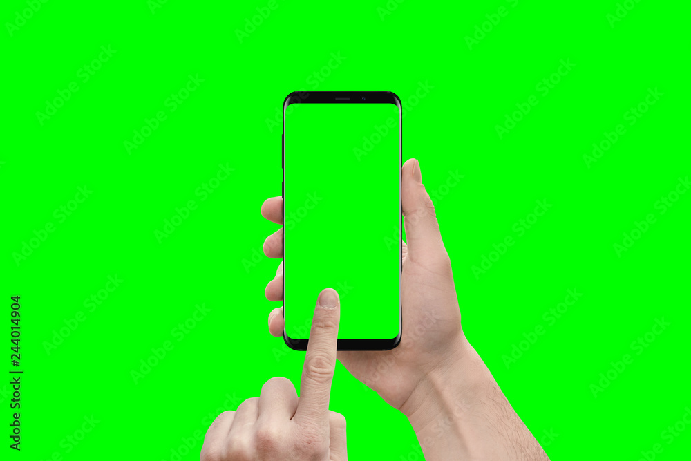 Poster first person view on modern smart phone ih hands. finger touch isolated screen in green, chroma key.
