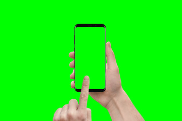 First person view on modern smart phone ih hands. Finger touch isolated screen in green, chroma key. App presentation mockup.