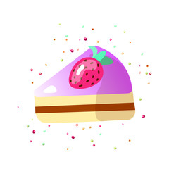 Cute cartoon sweet cake vector illustration. Colorful cake icon with strawberry on top and sprinkles. Cute cartoon round cake