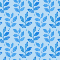 Fantasy blue leaves seamless pattern. Watercolor hand drawn painting illustration. Background can be easily change for another color