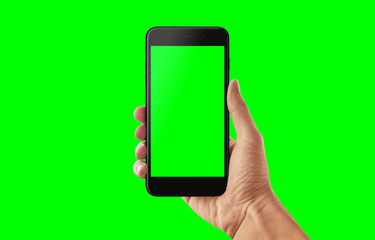 Isolated smart phone and hand in green, chroma key. Video app presentation mockup.