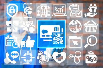 Doctor touch a credit card qr code icon on a virtual screen. Internet pay app website drugstore. Web medical acquirement, online payment. Buy pills, mobile shopping medicinal. Pharmacy procurement.