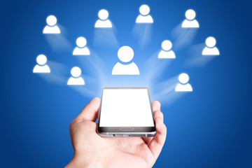 Social network icon. Mobile phone on blue background