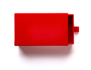 top view red gift box opened with a small gap on white background