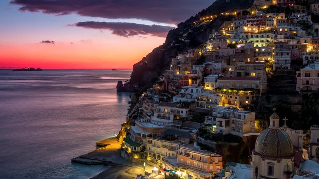 Sunset time lapse of Positano, Amalfi Coast, Italy. UHD, 4K