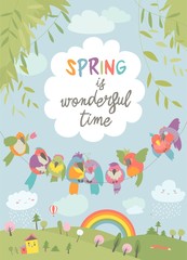 Cute cartoon colorful birds and spring landscape