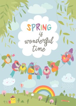 Cute cartoon colorful birds and spring landscape