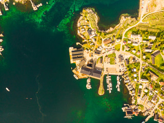 Naklejka premium Top view, sea coast Reine village, Norway
