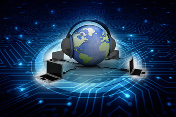 3d rendering Computer network with head phone globe