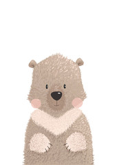 Cute graphic vector illustration of funny teddy bear isolated on white background. Hand drawing bear animal for greeting card for kids, decor for nursery baby room. Wallpaper, apparel, invitation.