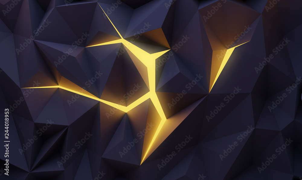 Poster black polygonal structure with light shining through a crack. 3d render / rendering