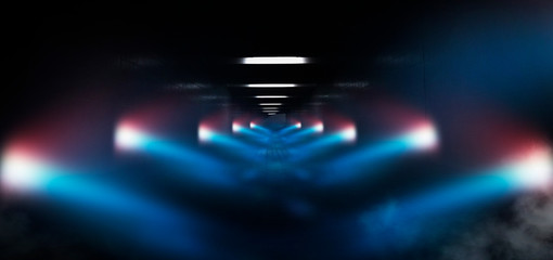 Dark tunnel, corridor, rays of light, searchlights, light in windows, red laser. Abstract black tunnel, smoke, wet asphalt, night view.