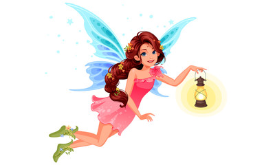 Obraz na płótnie Canvas Cute little fairy with beautiful long braided hairstyle holding a lantern