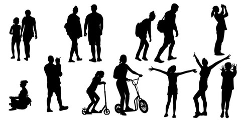 Silhouettes of people in different activities, vector. Men and women, children, girls.