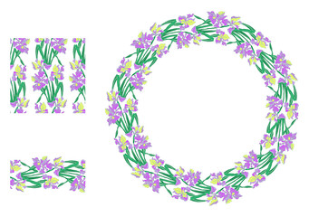 Floral round frame of irises, seamless pattern and pattern brush of flowers. Vector illustration, design elements.