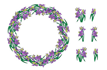 Floral round frame of irises and flower design elements. Vector illustustration.