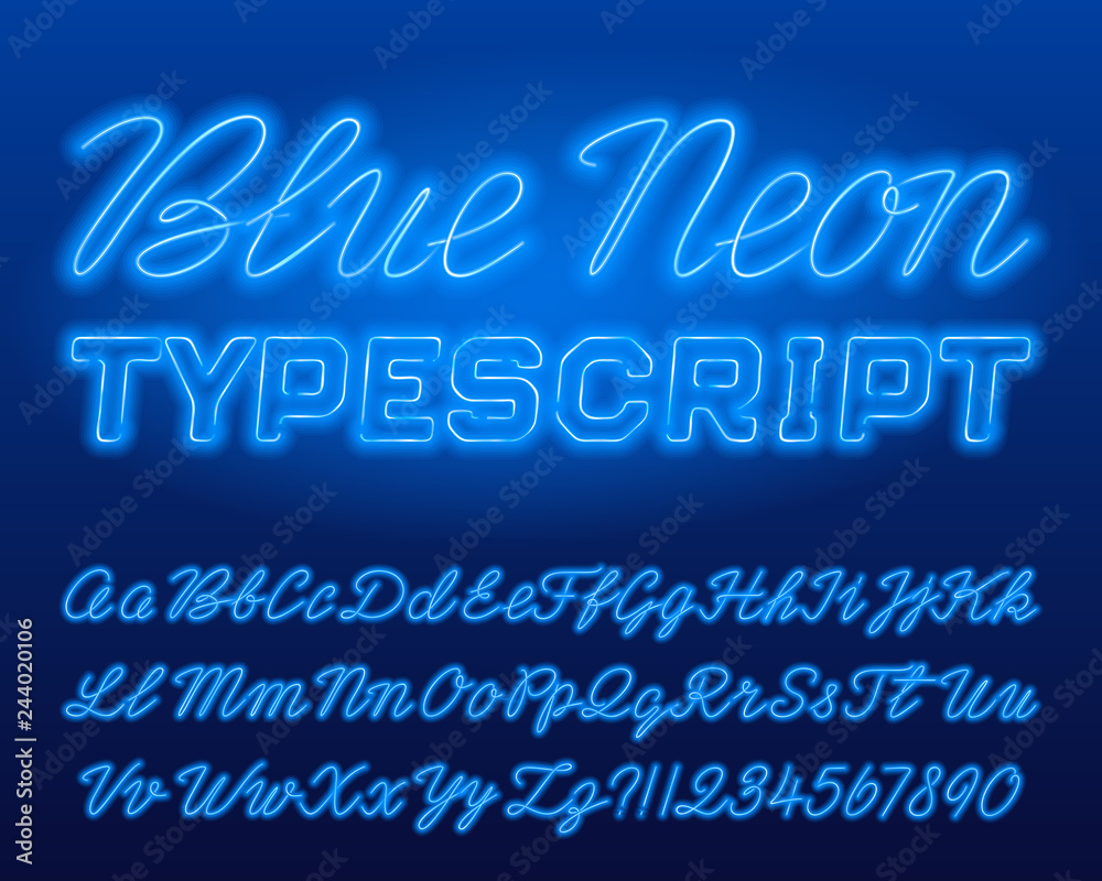 Fototapete blue neon typescript. blue color lowercase and uppercase shiny letters and numbers. stock vector alp