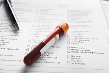 Blood sample on document with result of analyses