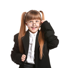 Portrait of cute little businesswoman on white background