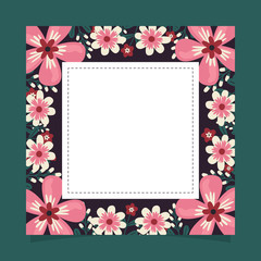 Floral greeting card and invitation template for wedding or birthday anniversary, Vector square shape of text box label and frame, Pink flowers wreath ivy style with branch and leaves.