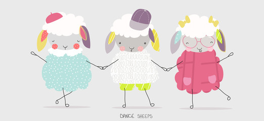 Cute vector illustration of cartoon fluffy dancing sheep wearing in casual in the spring summer time. Set of graphic elements for kids. Childish hand drawn lamb. Greeting card, invitation, fabric.