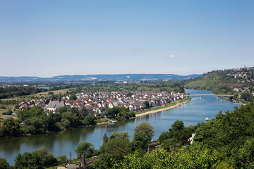 View of village in Koblenz with Rhein river in Germany on a sunny day