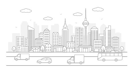 Modern urban landscape. City life illustration with house facades,road and other urban details. Line art. Vector.