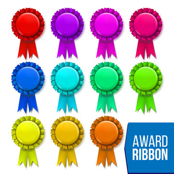 Award Ribbon Set Vector. Winner Badge. Ceremony Design. Poster, Card, Flyer. Champion Medal. Honor Icon. Retro Element. Success Emblem. Promotion Brochure. Pesentation Win.3D Realistic Illustration