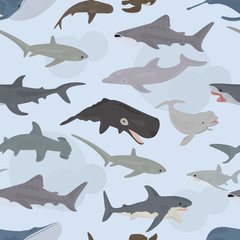Seamless vector pattern with sea animals on a blue background.